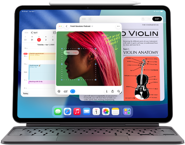 iPad Air displaying Home page with multiple Apple apps, paired with Magic Keyboard and Apple Pencil Pro